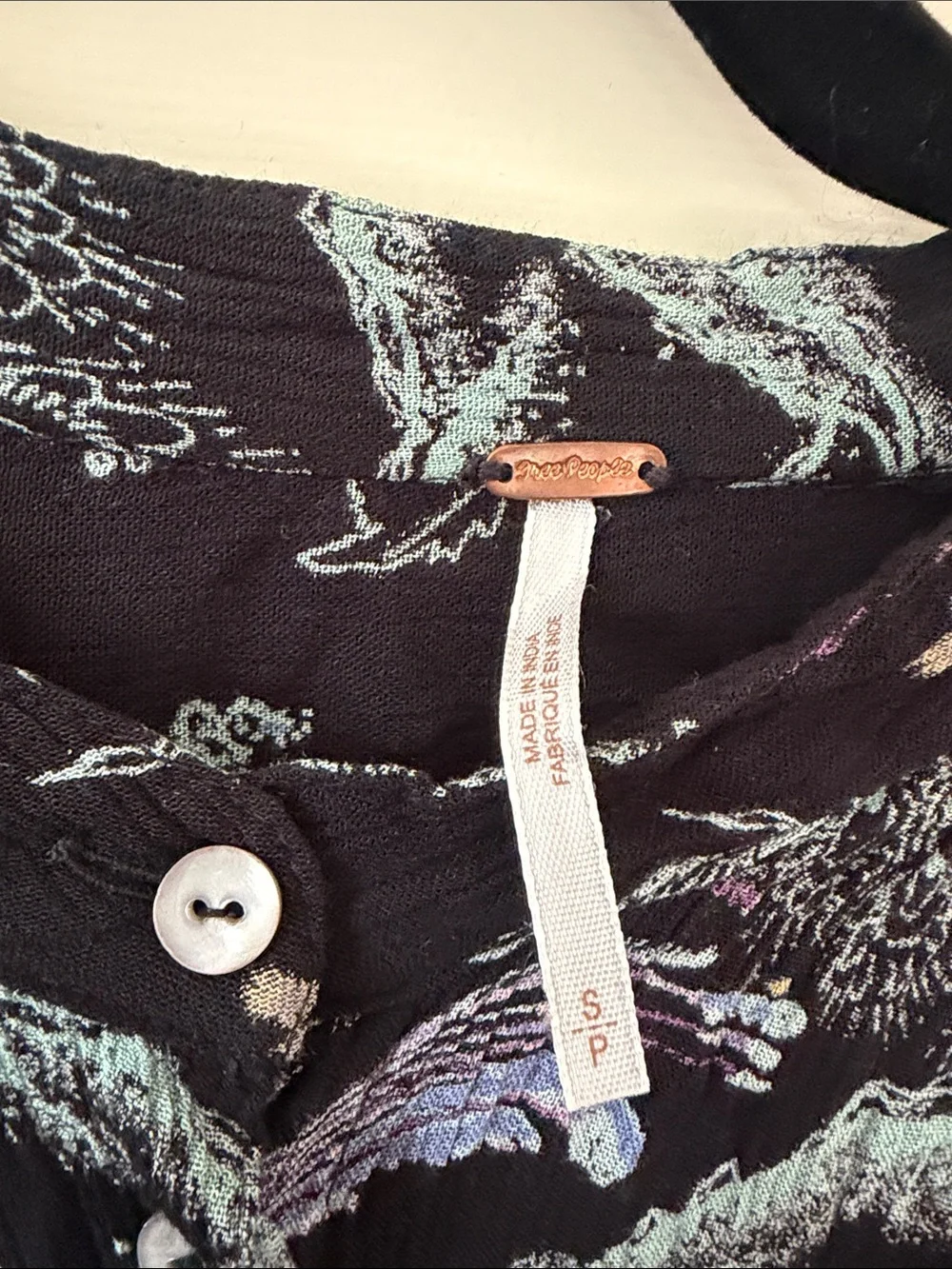 Free People Oversized Black Button-Front Shirt with Pastel Floral & Wave Accents